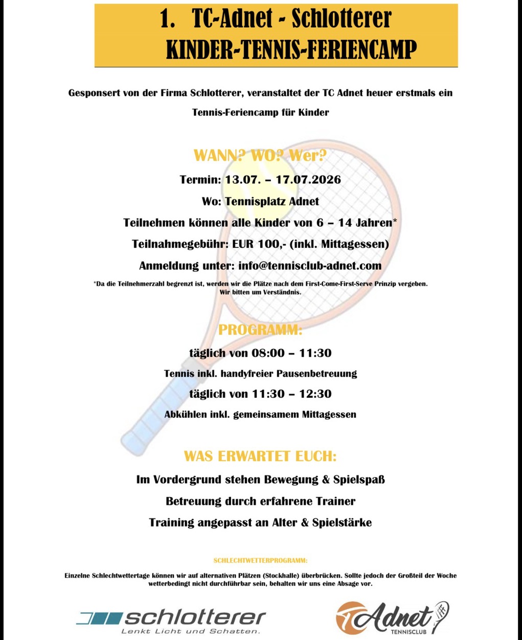 TC-Adnet - Schlotterer Kinder-Tenniscamp Juli 2026